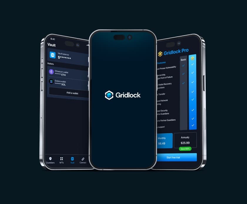 Gridlock wallet app on three phones