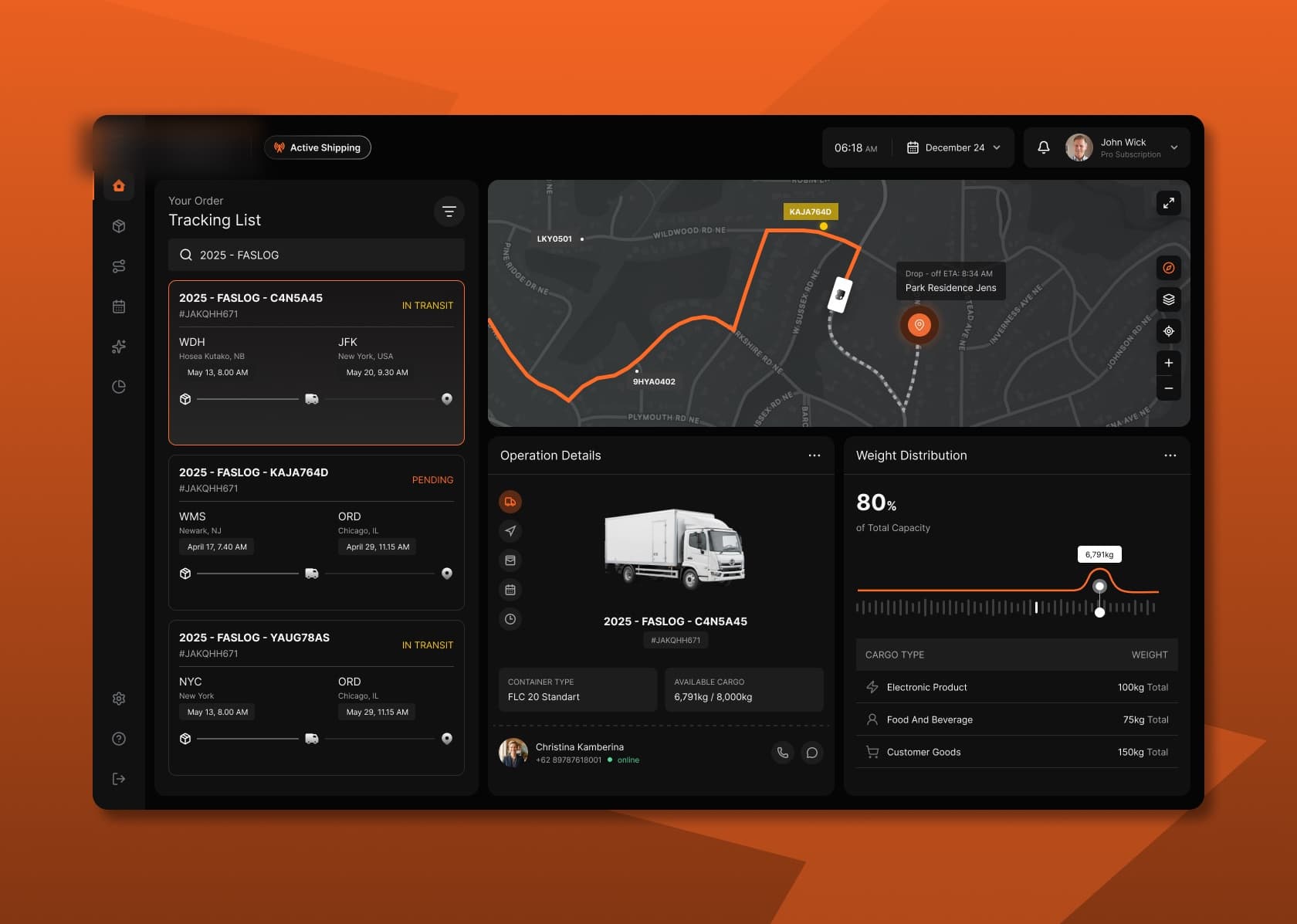 Logistics dashboard tracking active shipments on a live map