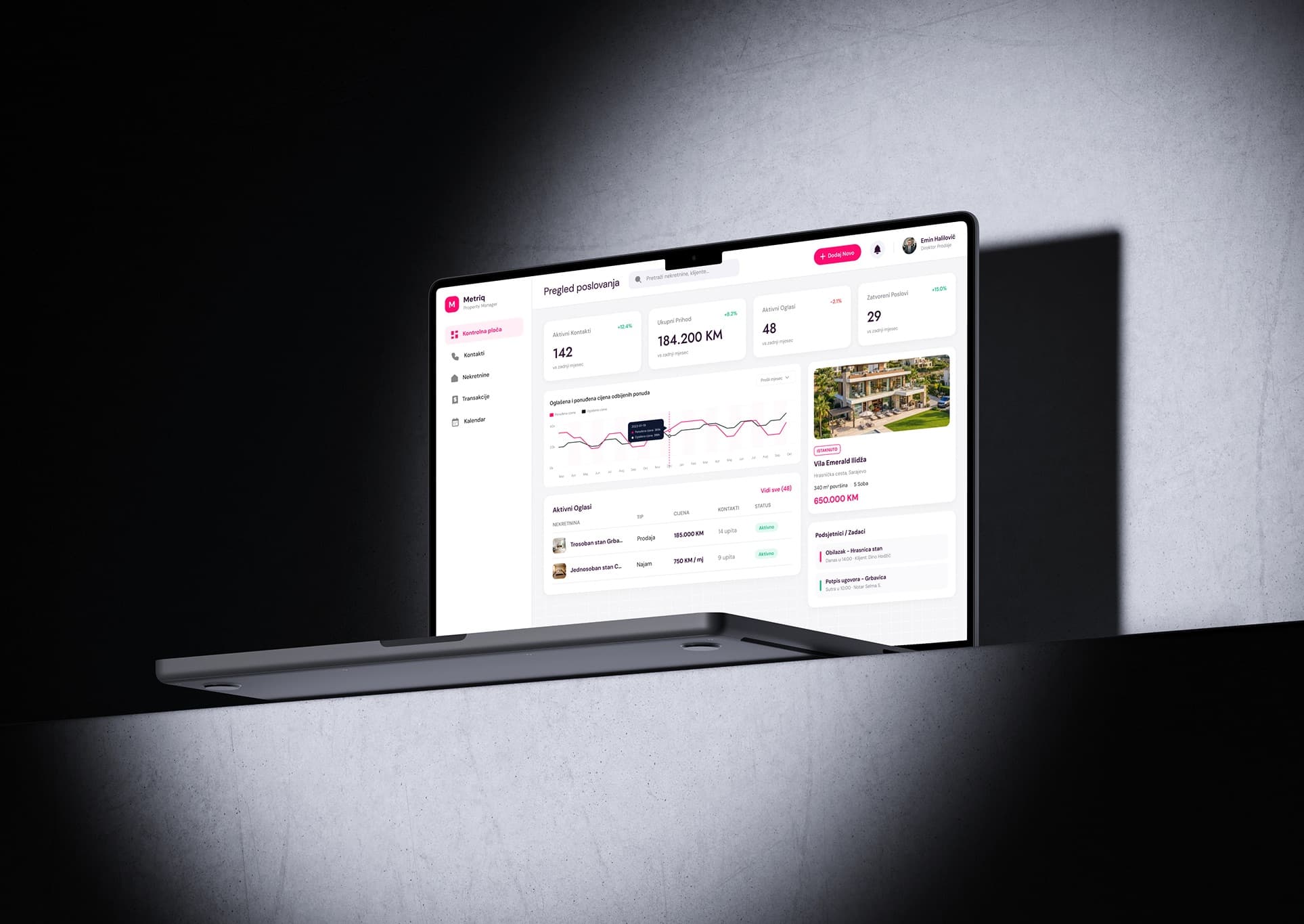 Metriq property manager dashboard on a laptop